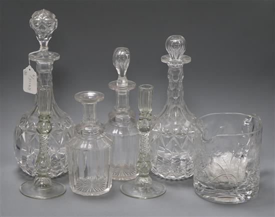 A Queen Elizabeth II Coronation jug, a pair of air twist candlesticks and two pairs of decanters tallest 33cm